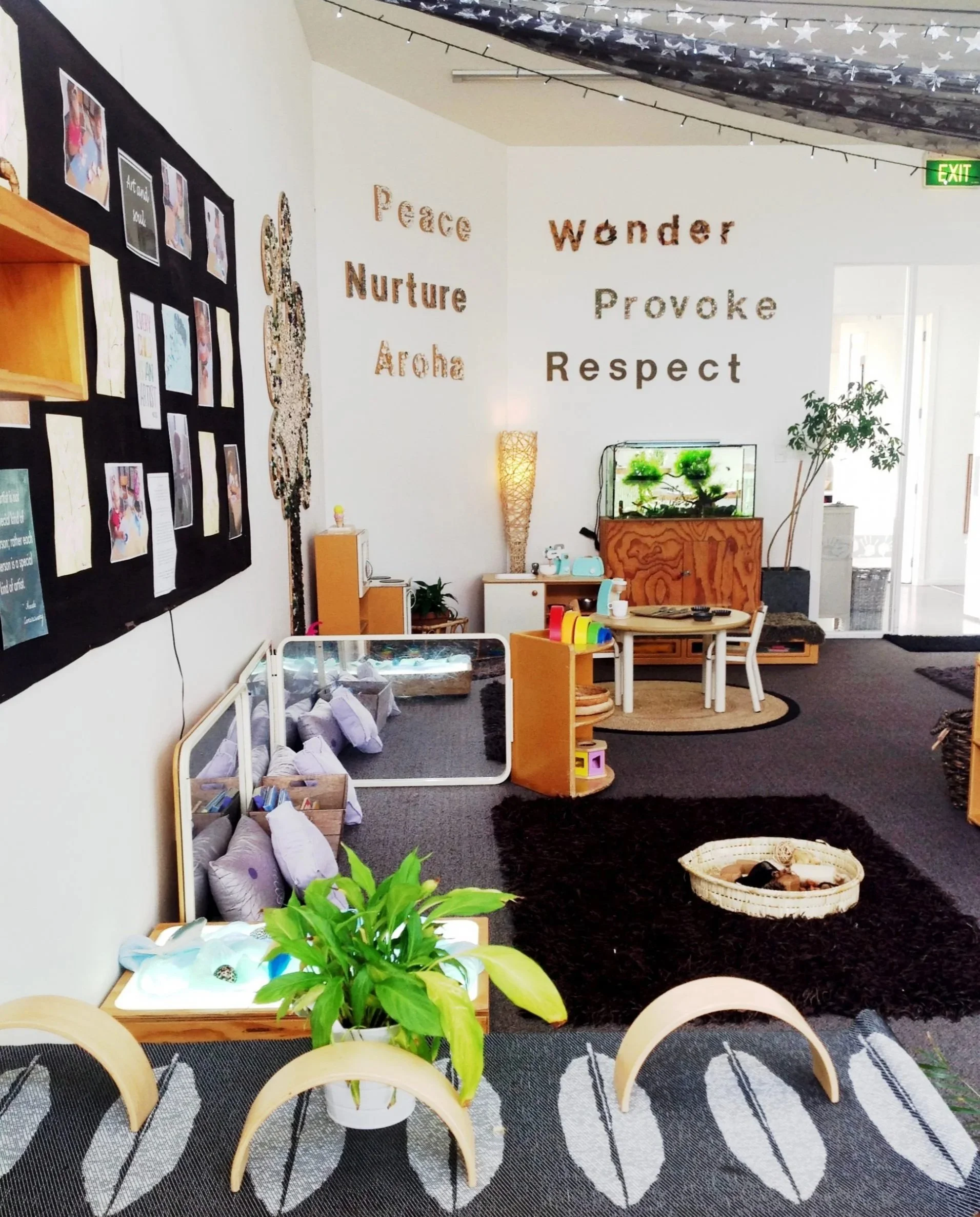 A quiet corner of the learning environment with natural materials.