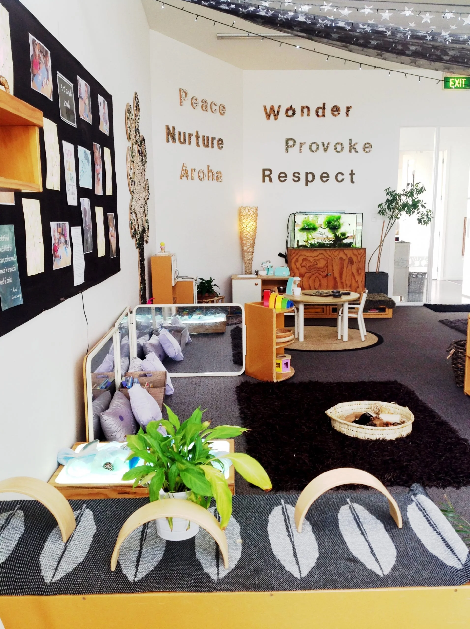 A calm outdoor learning space with natural textures.